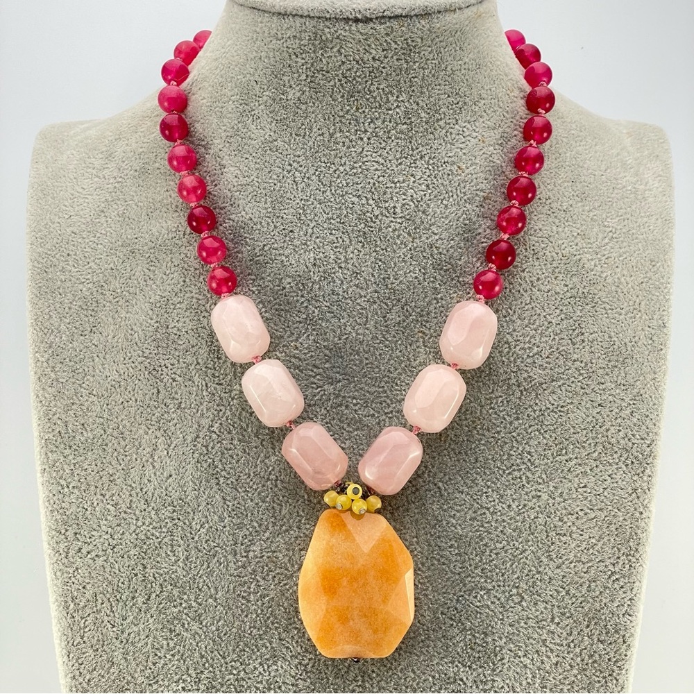 Artisan Crafted Gemstone Necklace with Rose Quartz & Aventurine Pendant